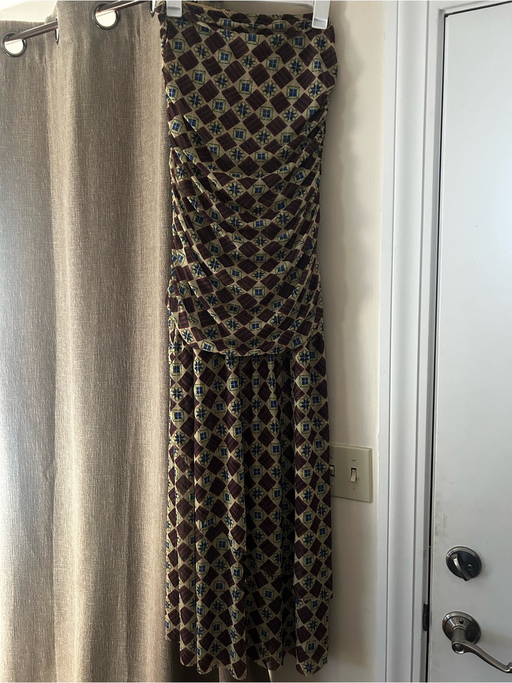 Strapless Geometric Midi Dress in Brown and Tan